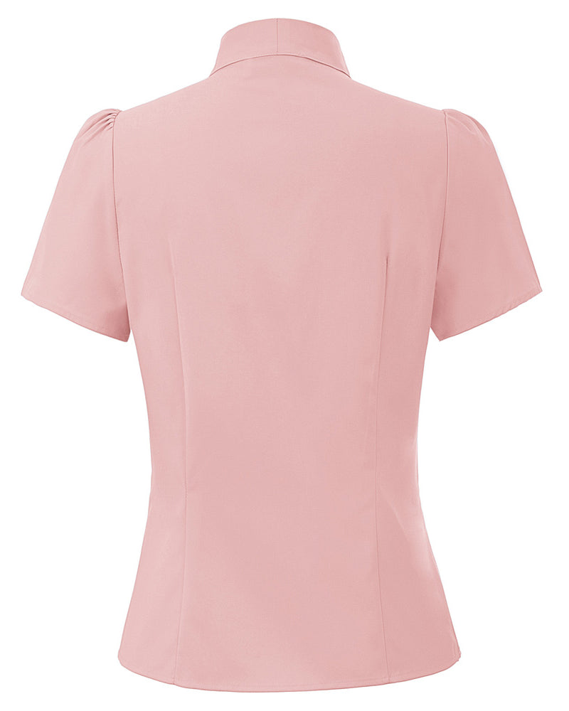 belle poque Summer Short Sleeve Office Button Down Blouse Stripe Shirt Tops with Bow Tie