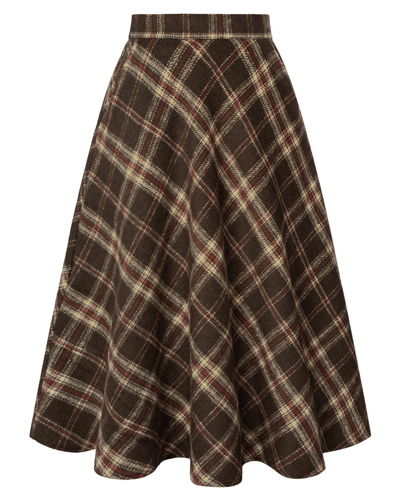 belle poque Women Vintage Plaided Swing Skirt Elastic Waist Mid-Calf Length A-Line Skirt Brown