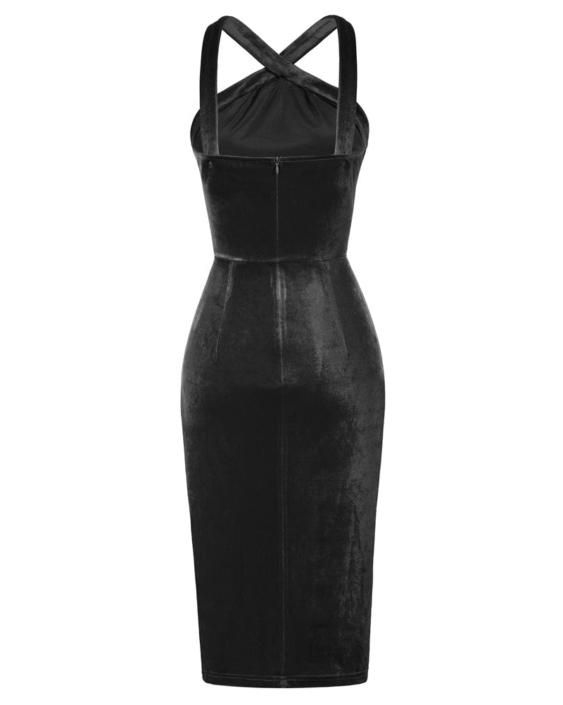 belle poque Vintage Front Slit Velvet Dress Halterneck Ruched Bodycon Dress