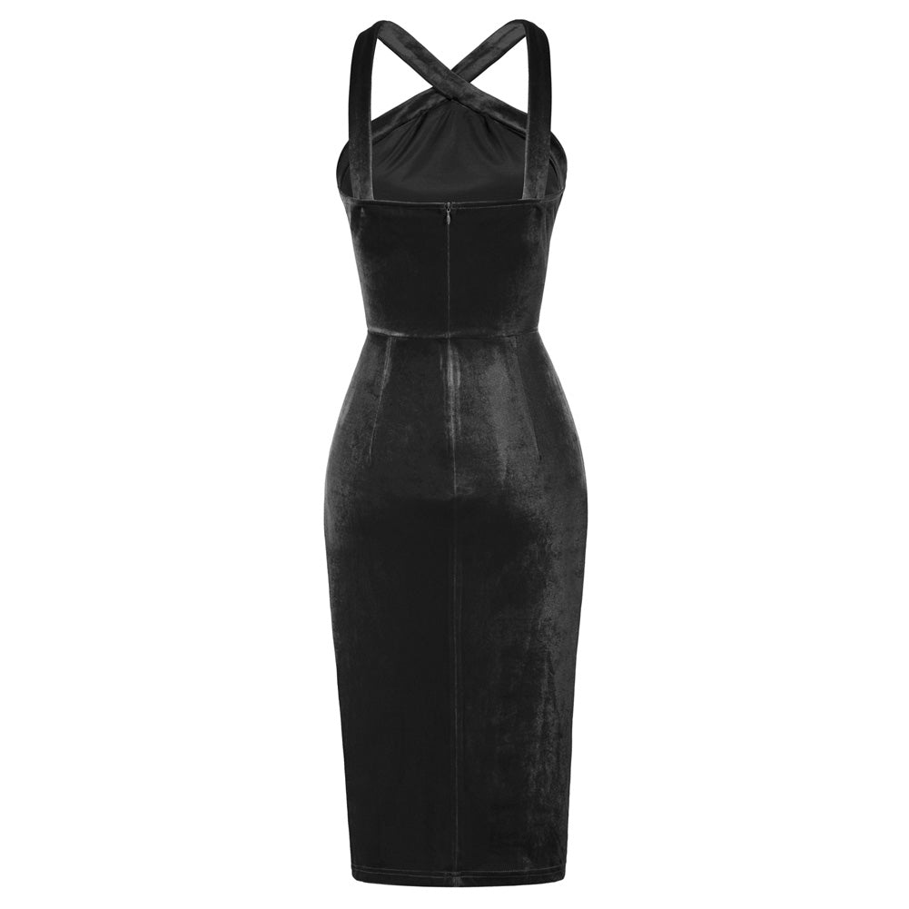 belle poque Vintage Front Slit Velvet Dress Halterneck Ruched Bodycon Dress