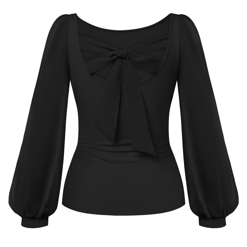 belle poque Women's Mesh Long Sleeve Tops Bow Tie Back Dressy Blouses