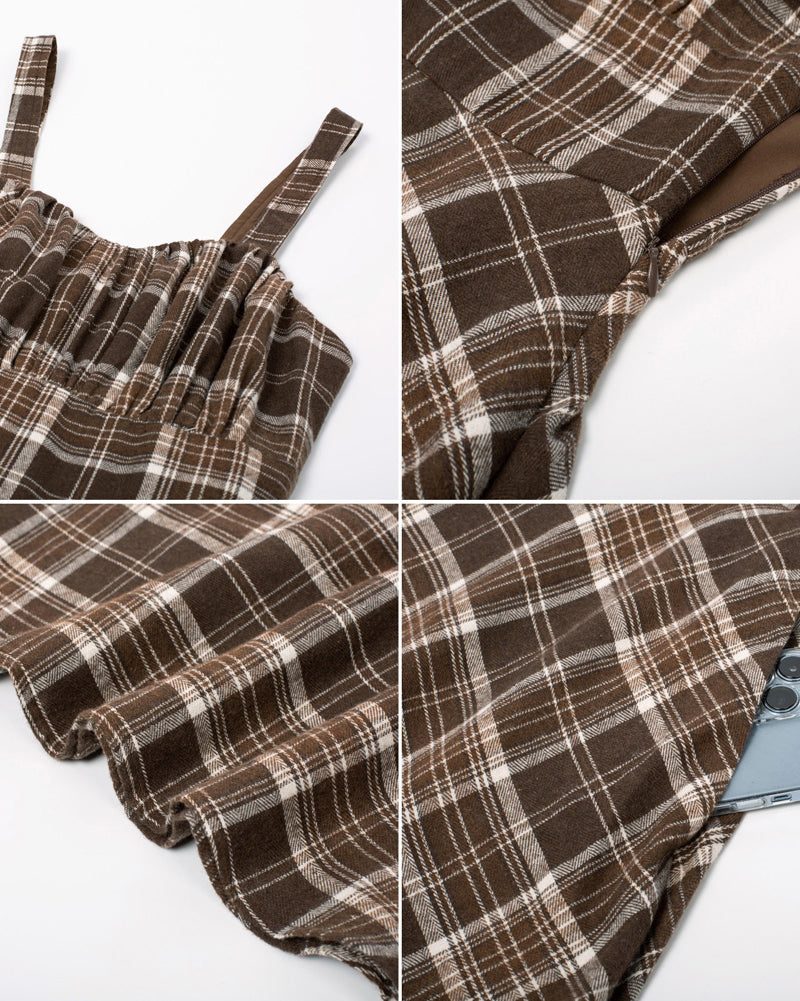 belle poque Vintage Two-Way Defined Waist Dress Ruched Bodice Flared Plaid A-Line Dress