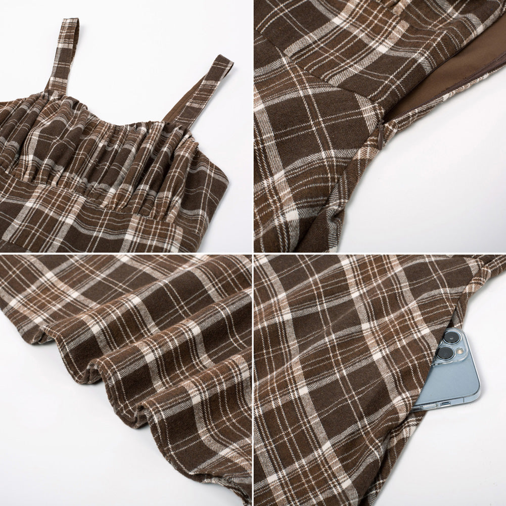 belle poque Vintage Two-Way Defined Waist Dress Ruched Bodice Flared Plaid A-Line Dress