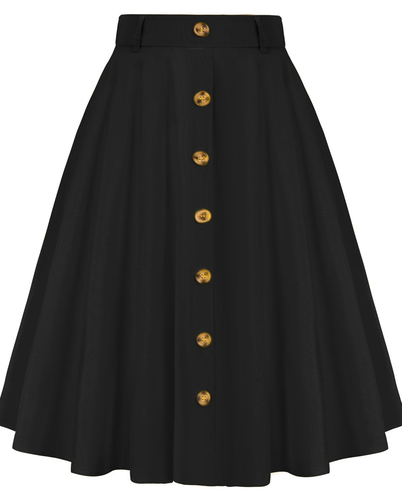 belle poque Swing Skirt with Belt Elastic High Waist Buttons Decorated Skirt