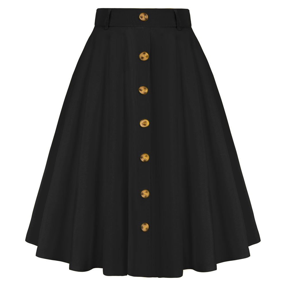 belle poque Swing Skirt with Belt Elastic High Waist Buttons Decorated Skirt