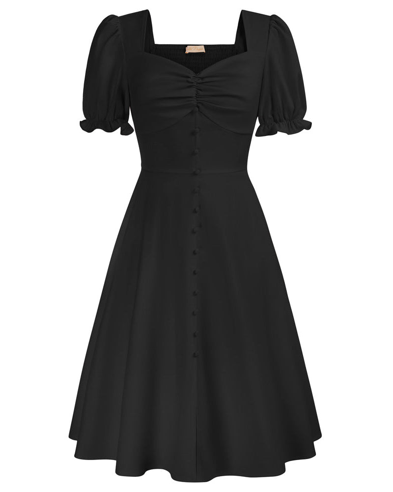 belle poque Vintage Strawberry Patterns Front Slit Dress Puffed Short Sleeve Sweetheart Neck Dress Black