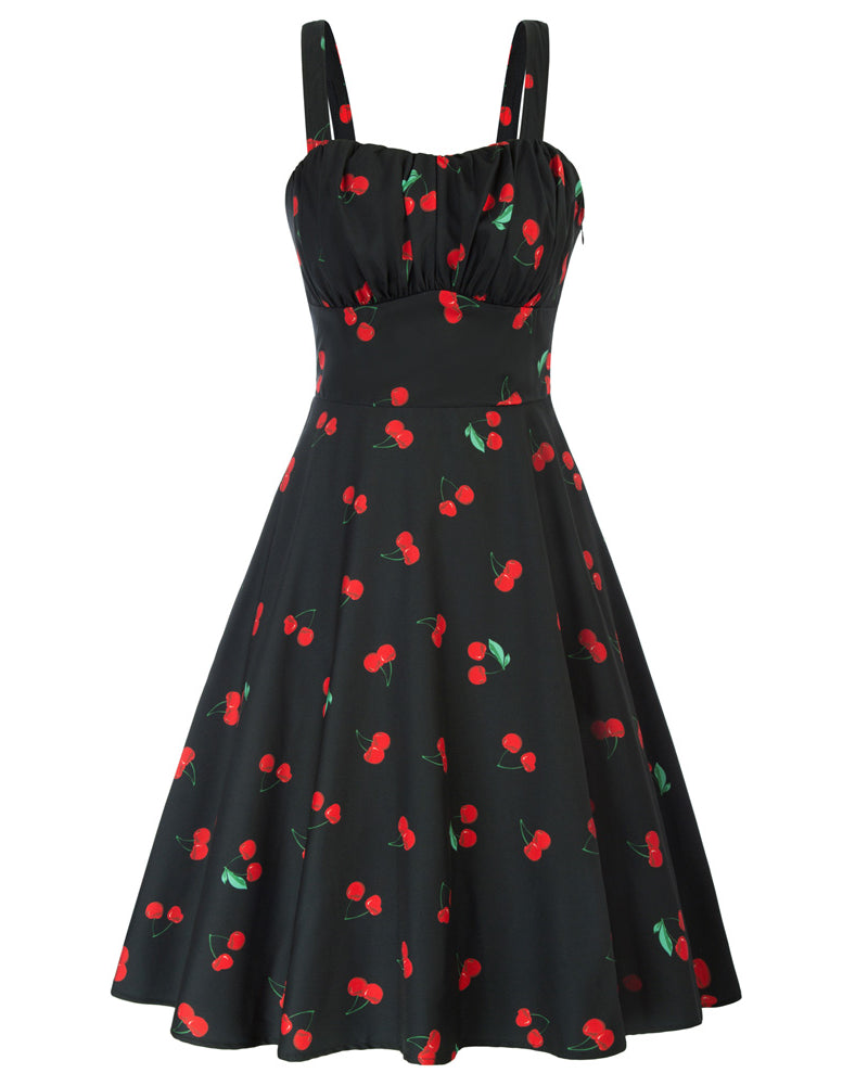 belle poque Vintage Two-Way Defined Waist Dress Ruched Bodice Flared A-Line Dress Cherry