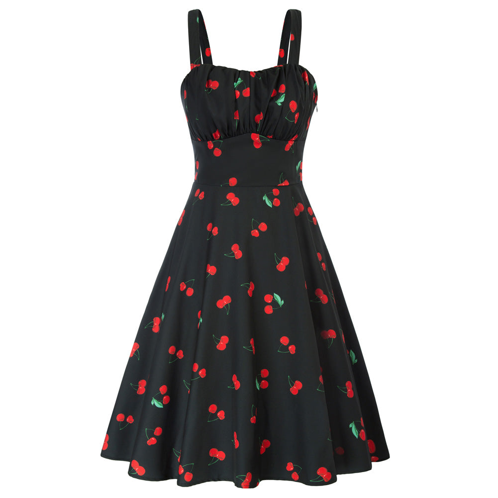 belle poque Vintage Two-Way Defined Waist Dress Ruched Bodice Flared A-Line Dress Cherry