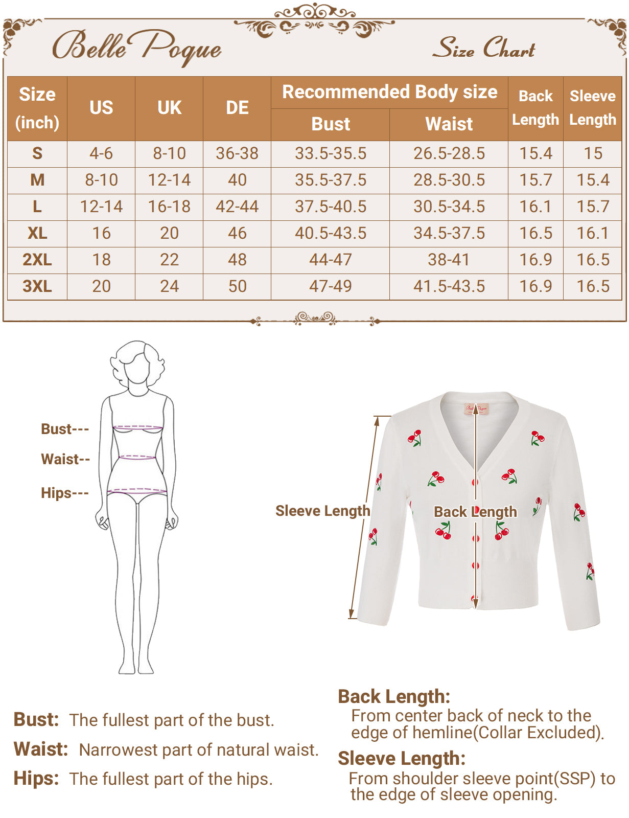 belle poque Women's 3/4 Sleeve Button Down Cherries Embroidery Cropped Cardigan Sweater Coat