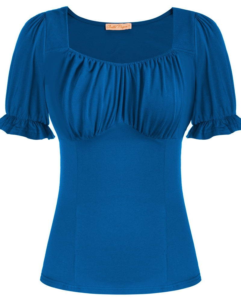 belle poque Solid Color Cotton Tops Slim Fit Puffed Short Sleeve Ruched Tops