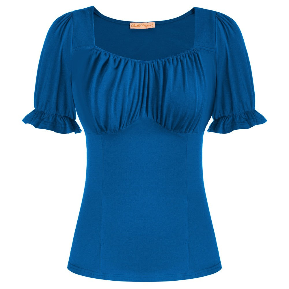 belle poque Solid Color Cotton Tops Slim Fit Puffed Short Sleeve Ruched Tops