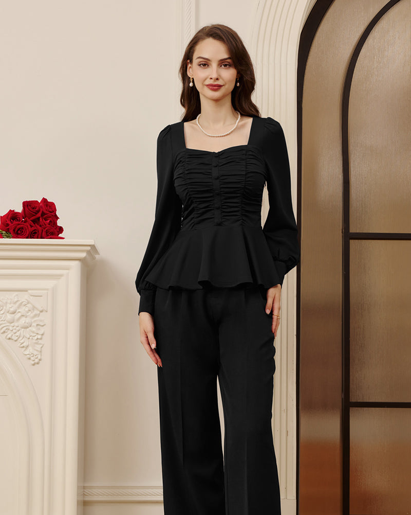 belle poque Women Vintage Ruched Tops Puffed Long Sleeve Peplum Hem Tops