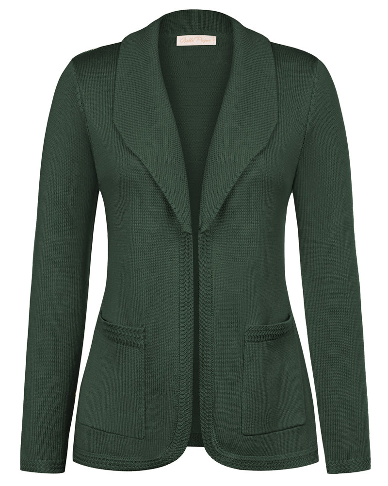 belle poque Vintage Cardigan Sweater Blazer V Neck Shawl Lapel Collar with Pockets Army Green S