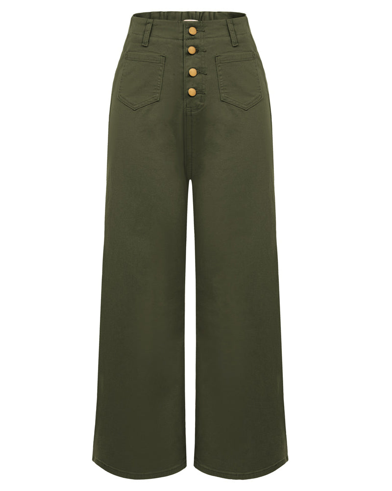 belle poque Vintage Straight Leg High Waisted Elastic Waist Multi-Pocket Flare Denim Pants Army Green