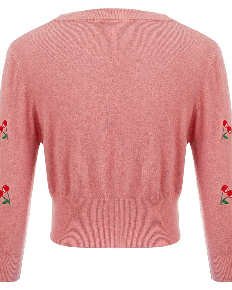 belle poque 3/4 Sleeve V-Neck Button Down Cherries Embroidery Cropped Cardigan Sweater Coat