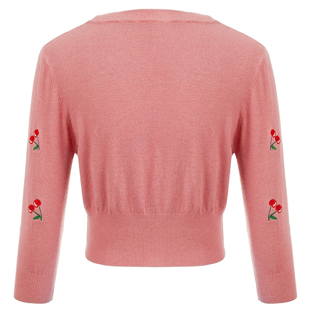 belle poque Women's 3/4 Sleeve Button Down Cherries Embroidery Cropped Cardigan Sweater Coat