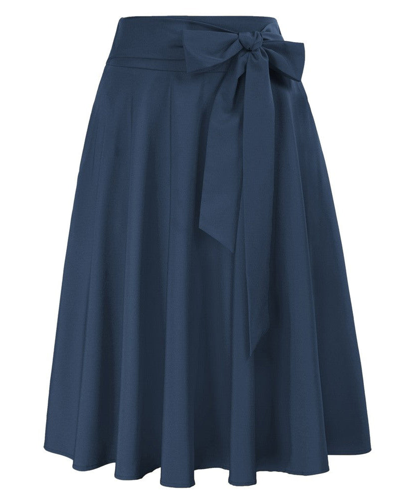 belle poque Floral Patterns Women's High Waist Bow Decorated A-Line Pockets Skirt Dark Blue