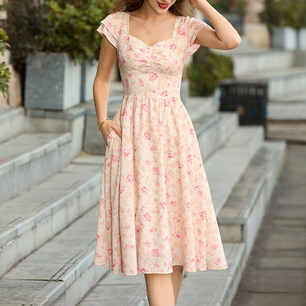 belle poque 1950s Women's Sweatheart Floral Dress Ruched Midi Garden Party Dress