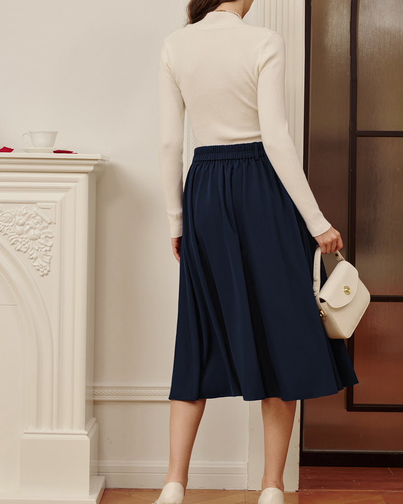 belle poque Women Vintage Swing Skirt Elastic Waist Mid-Calf Length A-Line Skirt