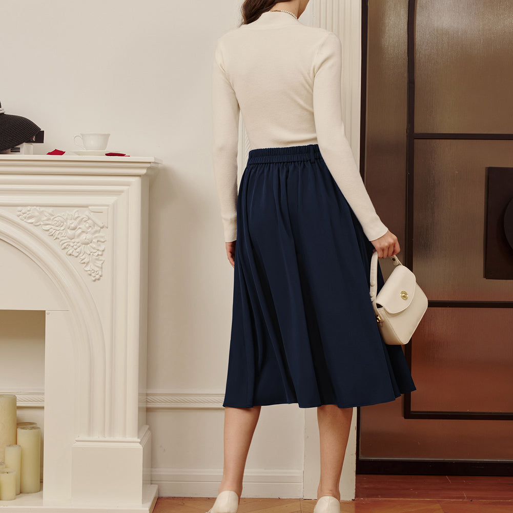 belle poque Women Vintage Swing Skirt Elastic Waist Mid-Calf Length A-Line Skirt