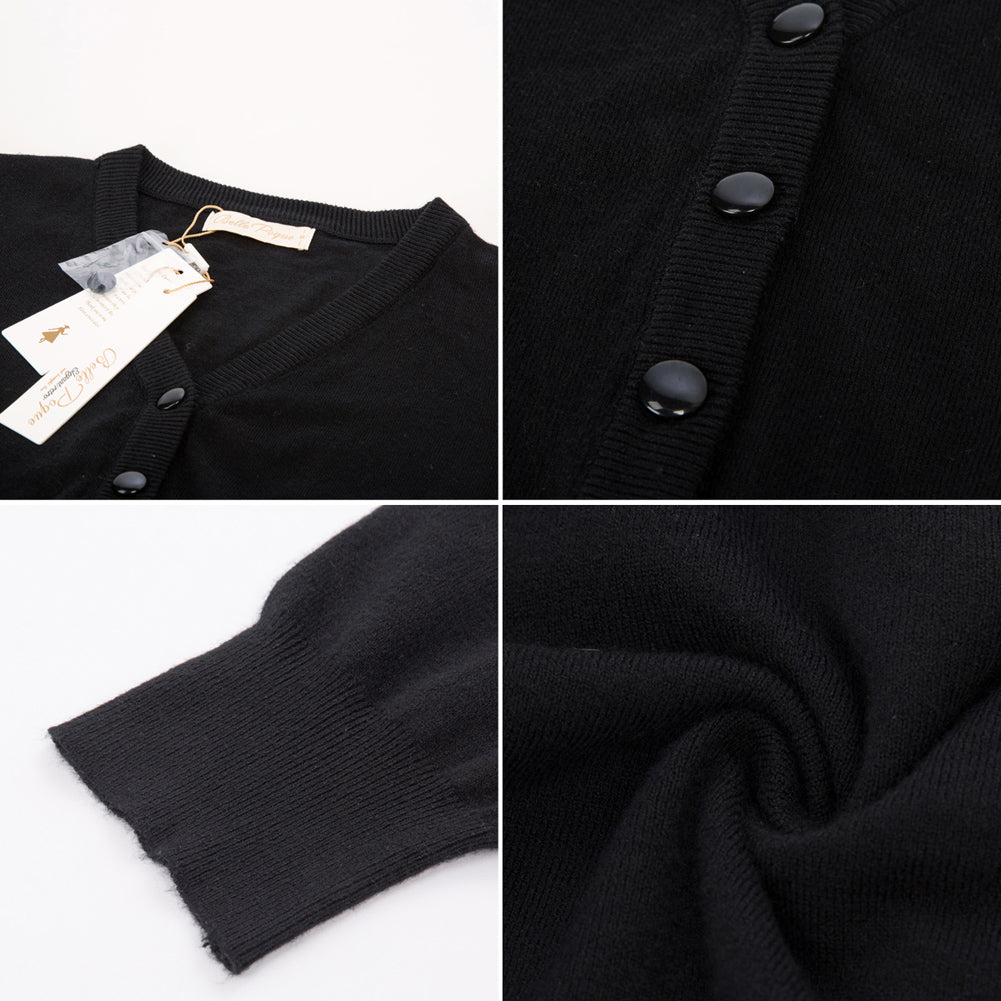 belle poque Cropped Cardigan 3/4 Sleeve V-Neck Button-up Sweater Knitwear