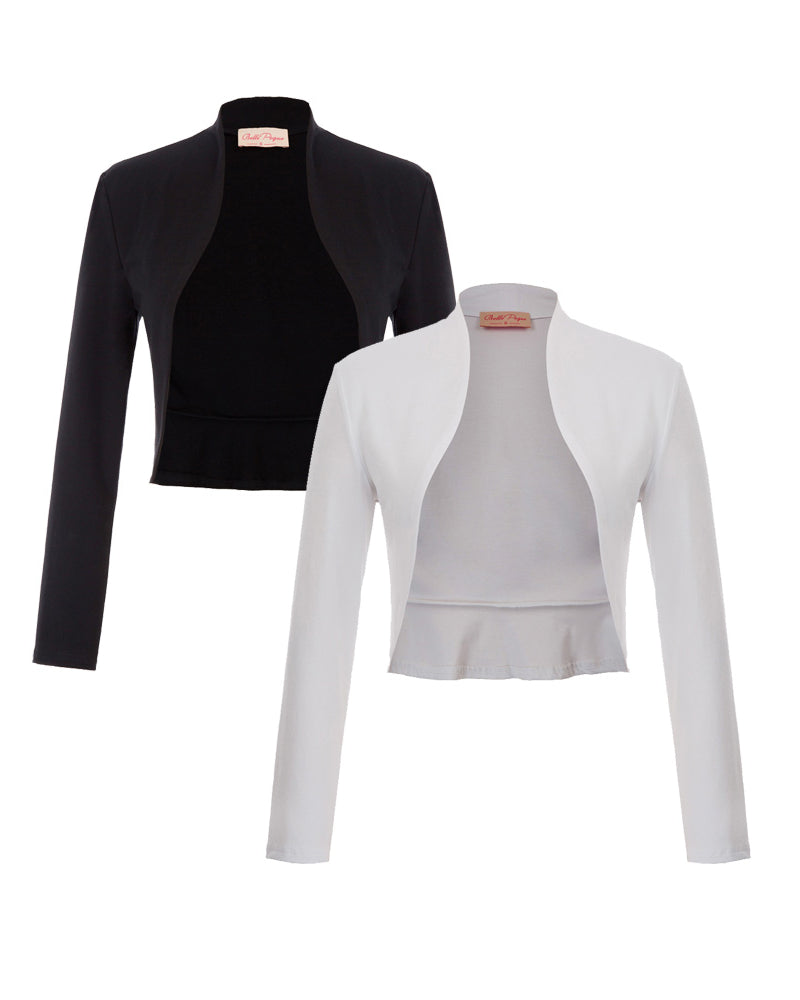 belle poque Bundle Deal Women's Vintage Long Sleeve Open Front Ruffled Hem Cotton Bolero Shrug Black+White