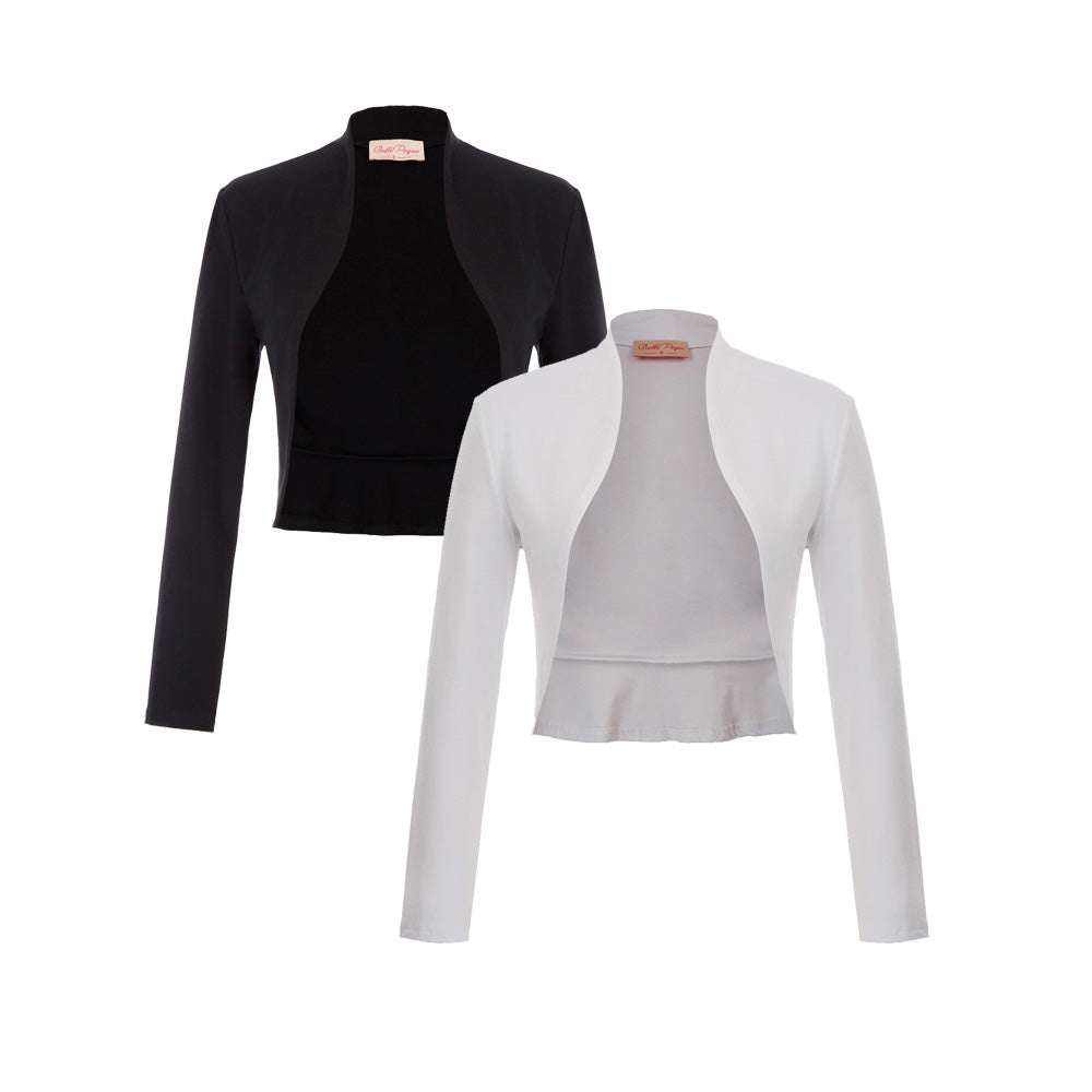 belle poque Bundle Deal Women's Vintage Long Sleeve Open Front Ruffled Hem Cotton Bolero Shrug Black+White