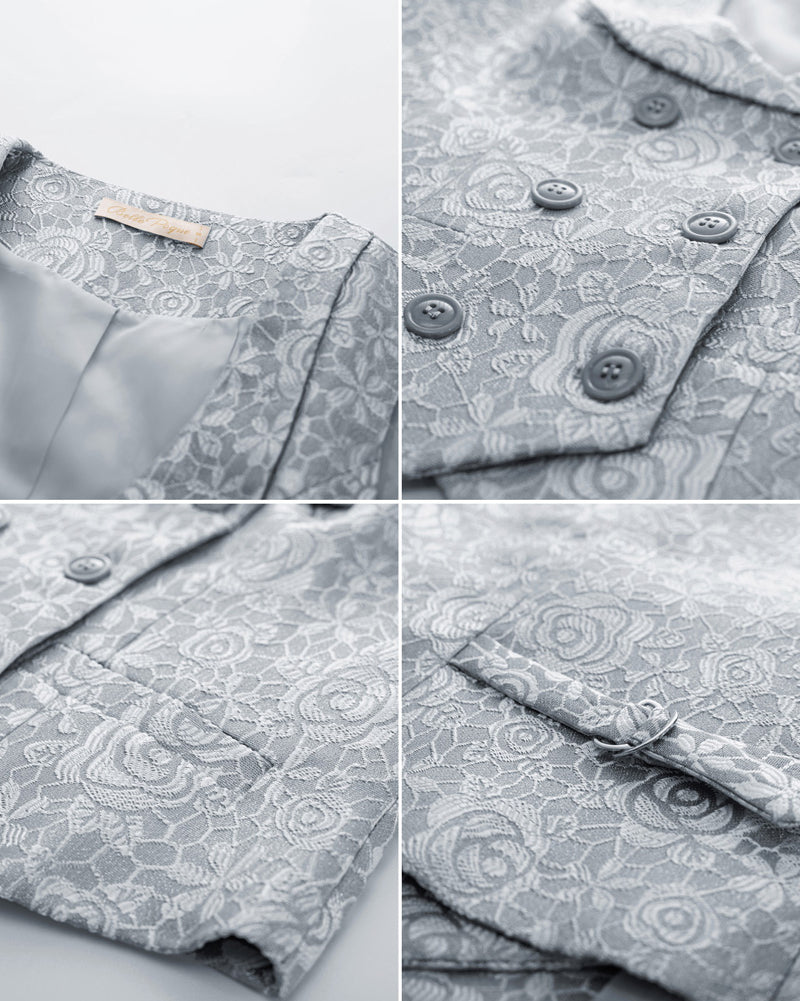 belle poque Vintage Floral Printed Double Breasted Vest Deep V-Neck Handkerchief Hem Vest Coat