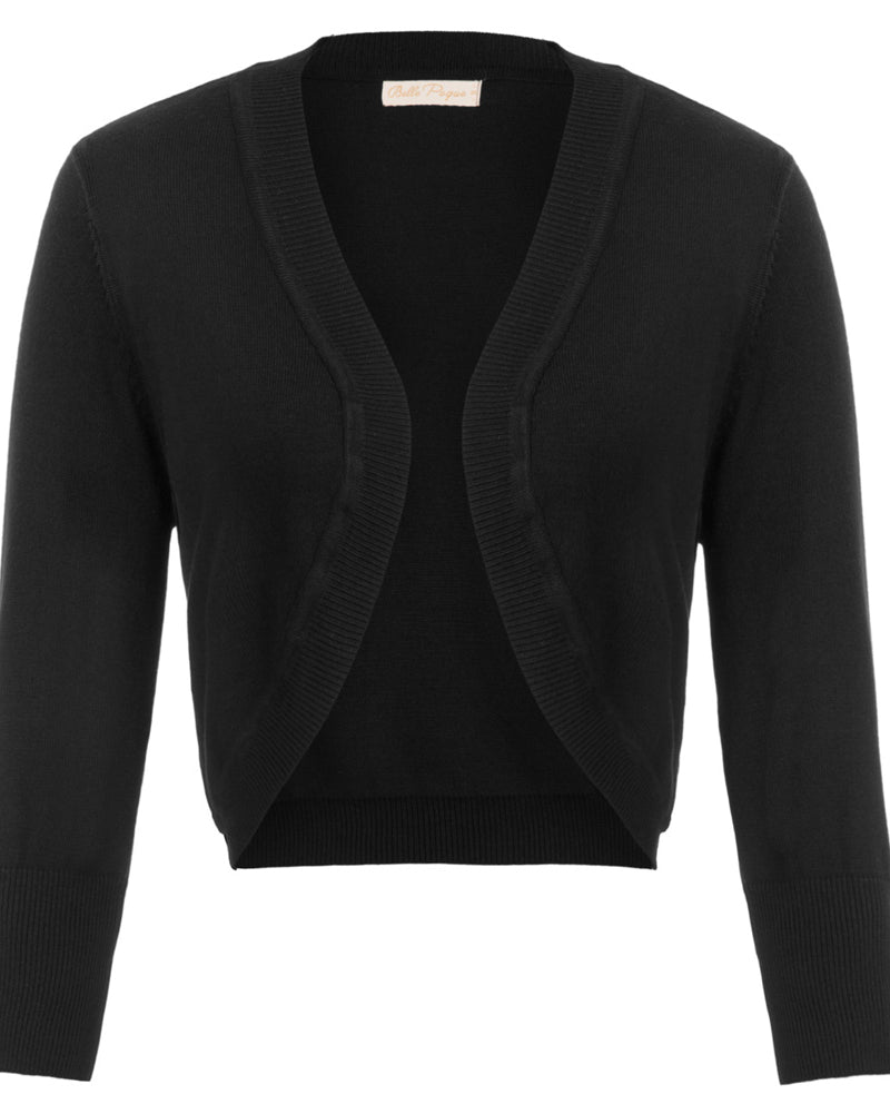 belle poque 3/4 Sleeve Bolero Shrug Open Front Knit Cropped Cardigan Sweater Black