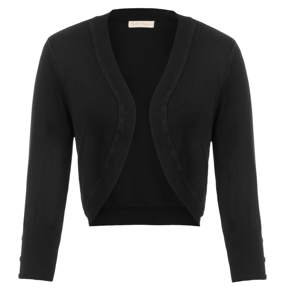 belle poque 3/4 Sleeve Bolero Shrug Open Front Knit Cropped Cardigan Sweater Black
