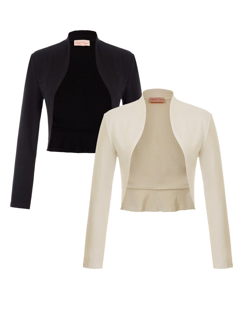belle poque Bundle Deal Women's Vintage Long Sleeve Open Front Ruffled Hem Cotton Bolero Shrug Black+Apricot
