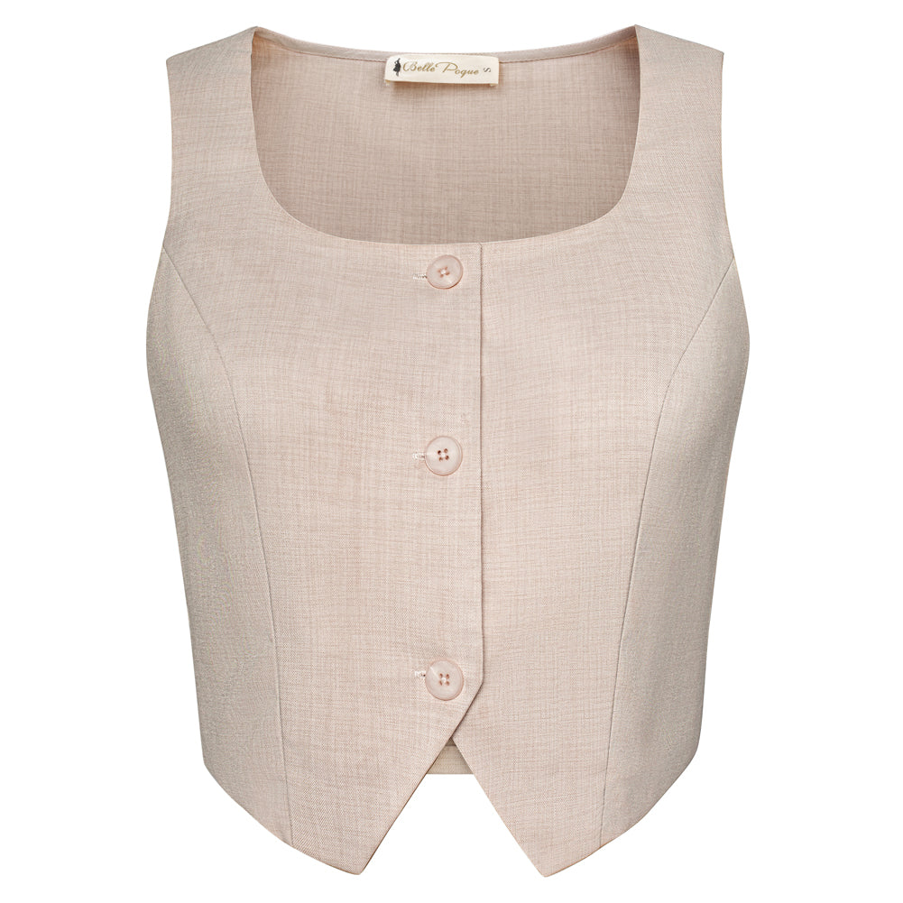 belle poque Women Vintage Handkerchief Hem Vest Square Neck Cropped Length Vest Coat Khaki