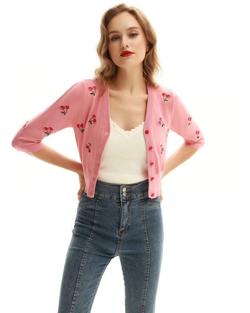 belle poque 3/4 Sleeve V-Neck Button Down Cherries Embroidery Cropped Cardigan Sweater Coat