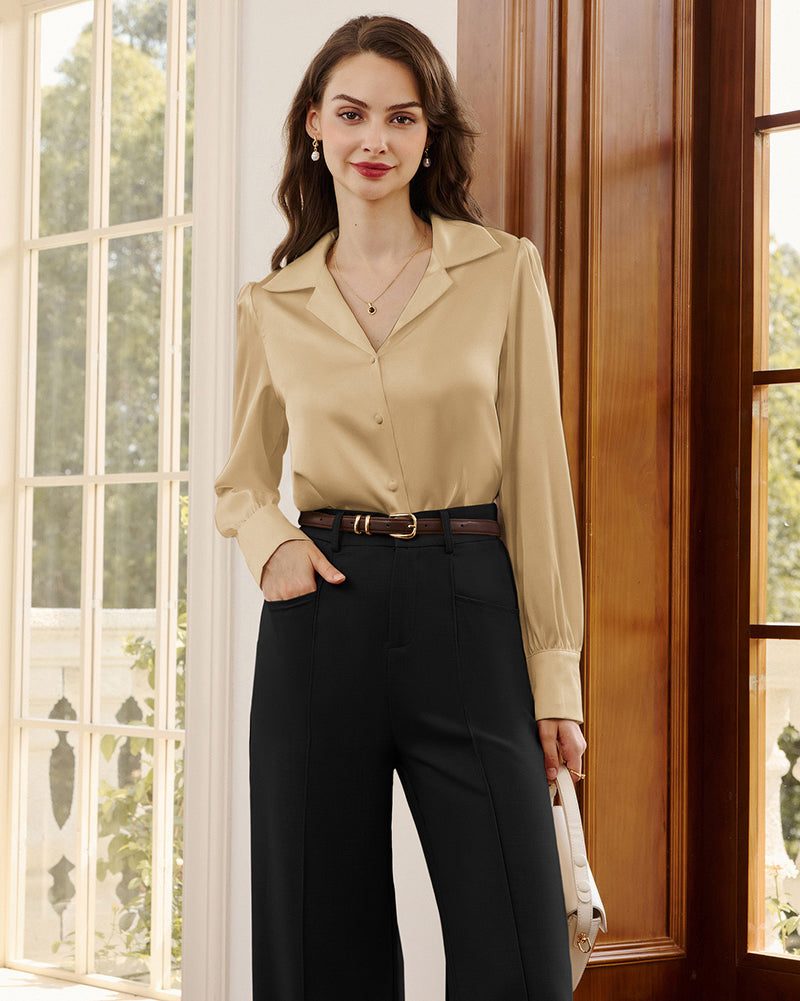 belle poque Women Vintage Shirt OL Long Sleeve Lapel Collar V-Neck Button-up Tops