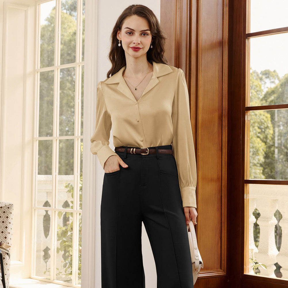 belle poque Women Vintage Shirt OL Long Sleeve Lapel Collar V-Neck Button-up Tops