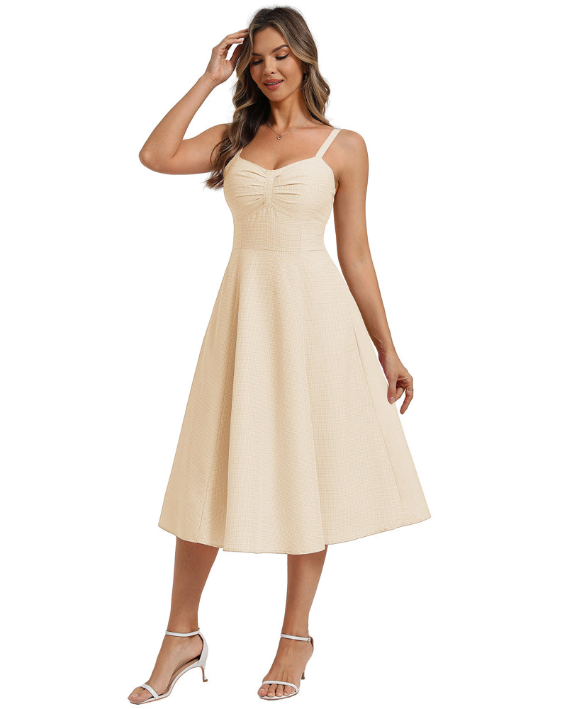 belle poque 1950s Vintage Gingham Dress for Women Sweetheart Neckline Dresses with Pockets