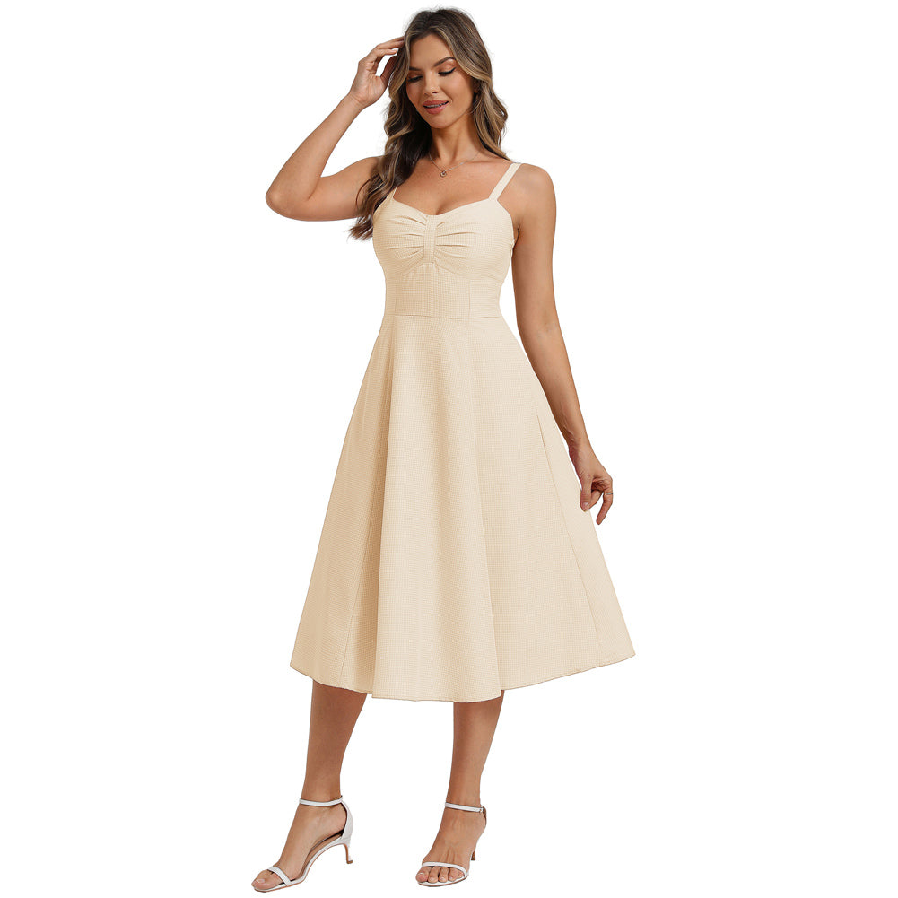 belle poque 1950s Vintage Gingham Dress for Women Sweetheart Neckline Dresses with Pockets