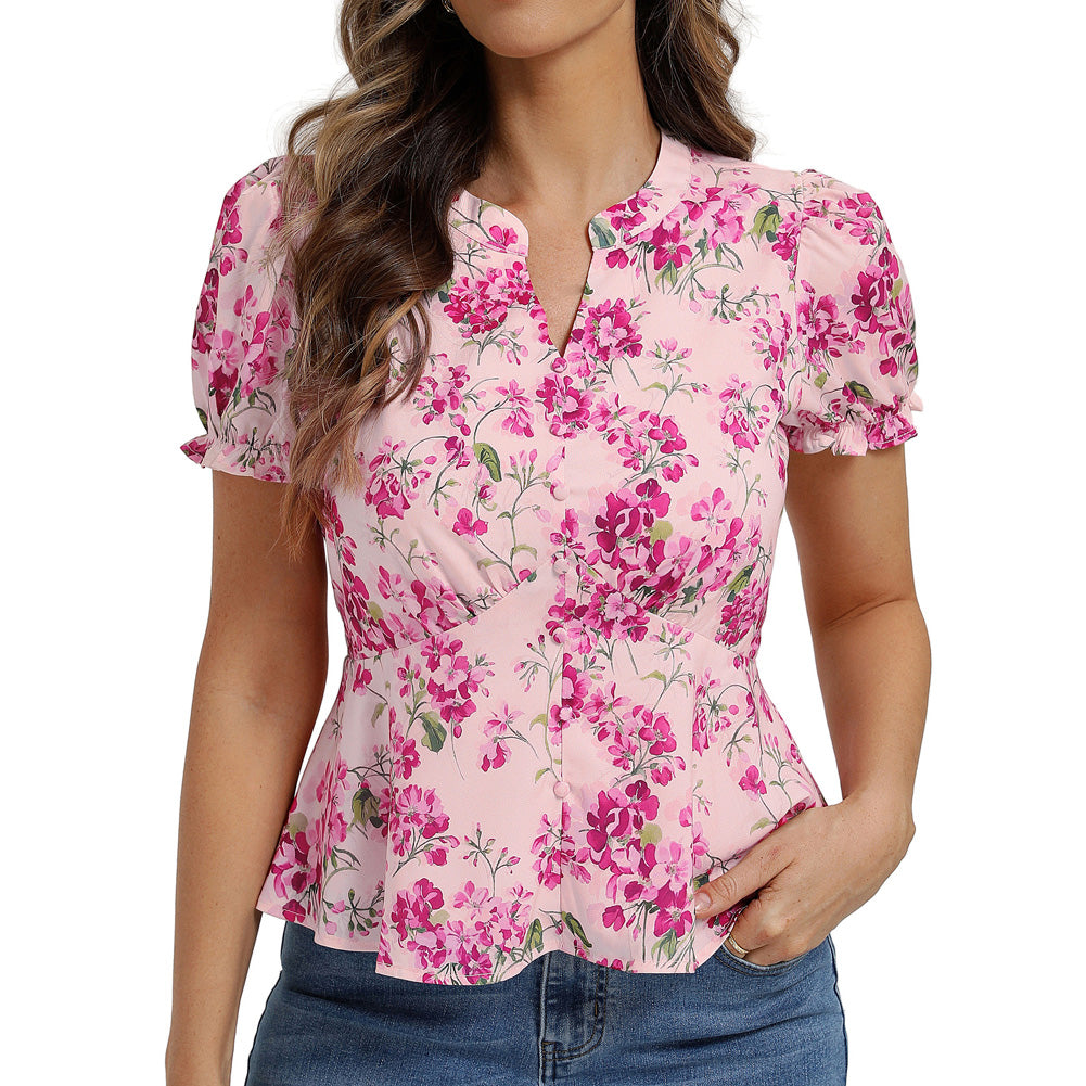 belle poque Floral Tops for Women Vacation Blouses Henley V Neck Shirts Peplum Tops