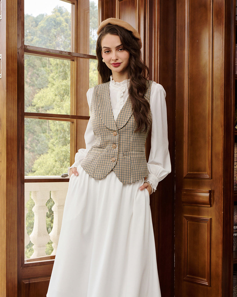 belle poque Vintage Lapel Collar Suit Vest Tops for Women Work Dressy Waistcoat Blazer with Pockets