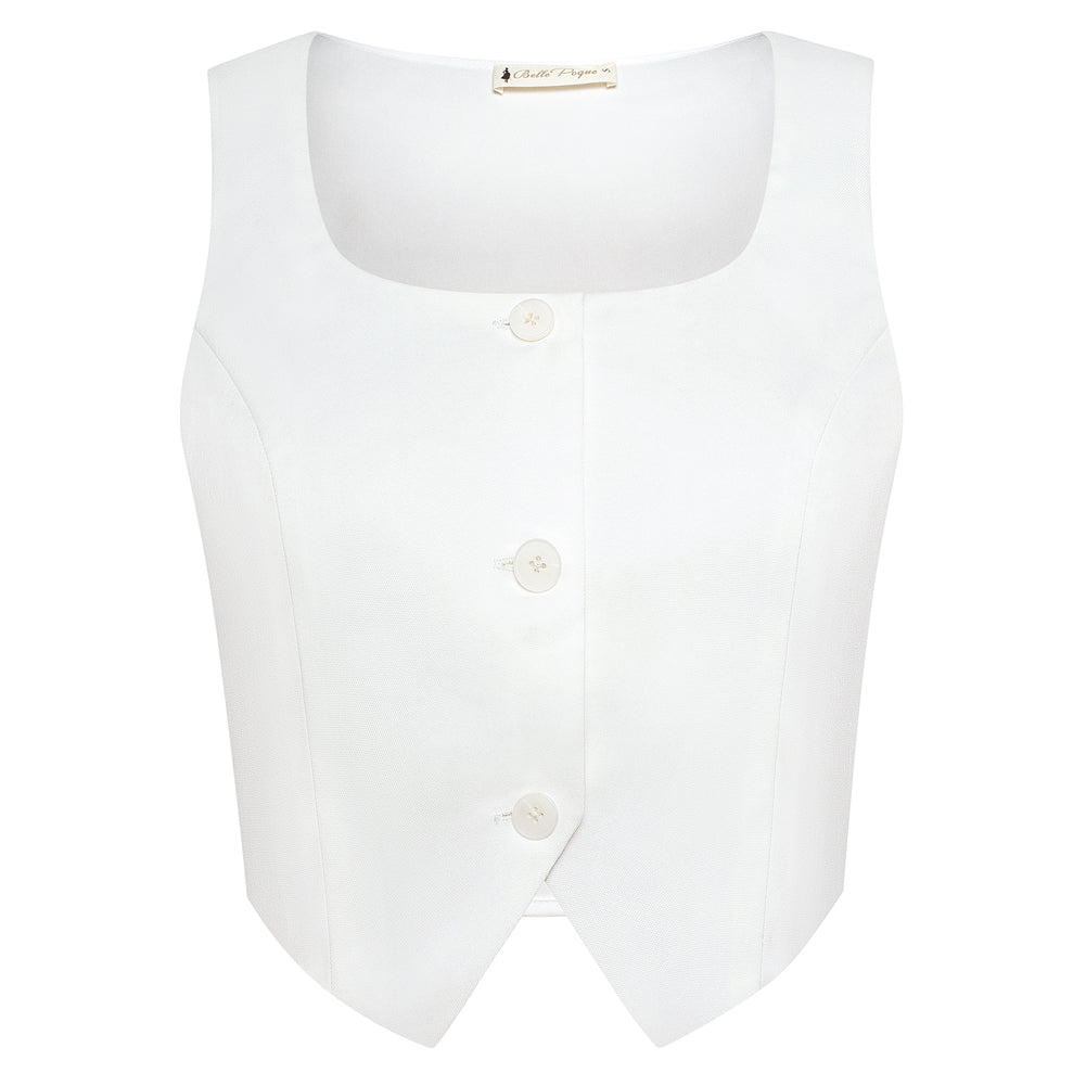 belle poque Women Vintage Handkerchief Hem Vest Square Neck Cropped Length Vest Coat White