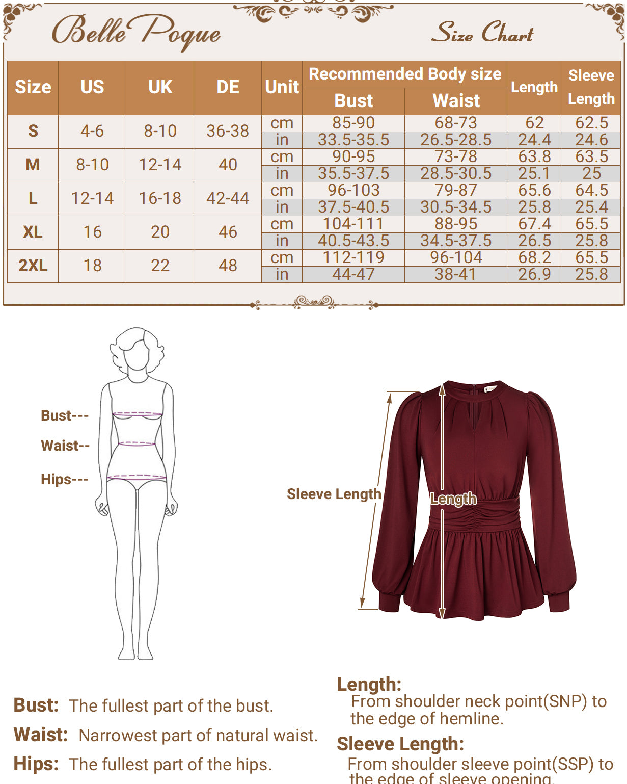 belle poque Women Retro Defined Waist Tops Long Lantern Sleeve Crew Neck Pullover Tops