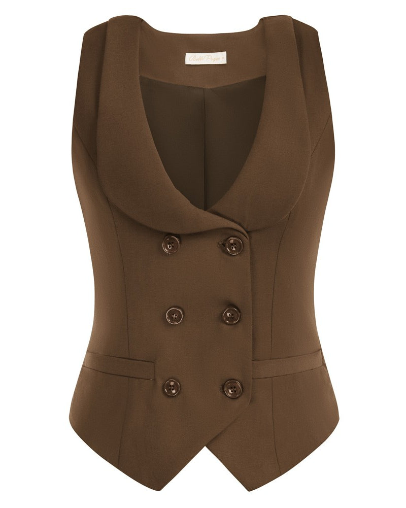 belle poque Double Breasted Waistcoat Vintage Lapel Collar Vest Coat with 2 Pockets Brown