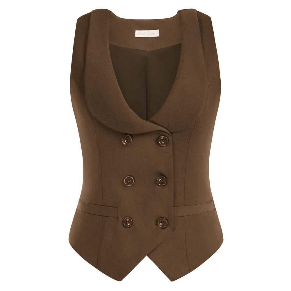 belle poque Double Breasted Waistcoat Vintage Lapel Collar Vest Coat with 2 Pockets Brown