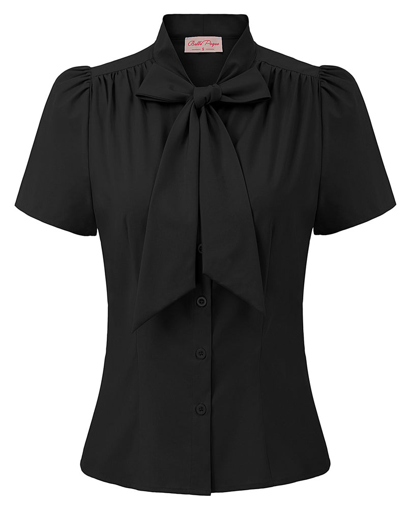 belle poque Summer Short Sleeve Office Button Down Blouse Stripe Shirt Tops with Bow Tie Black