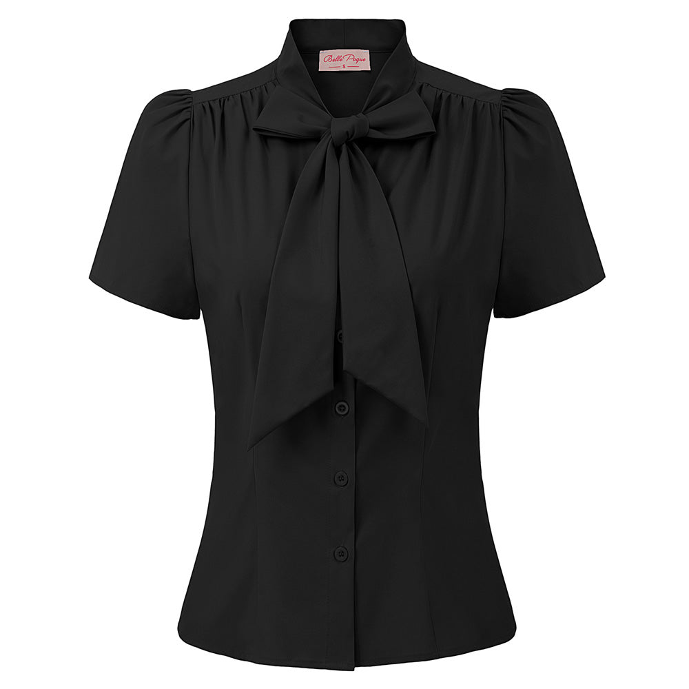 belle poque Summer Short Sleeve Office Button Down Blouse Stripe Shirt Tops with Bow Tie Black
