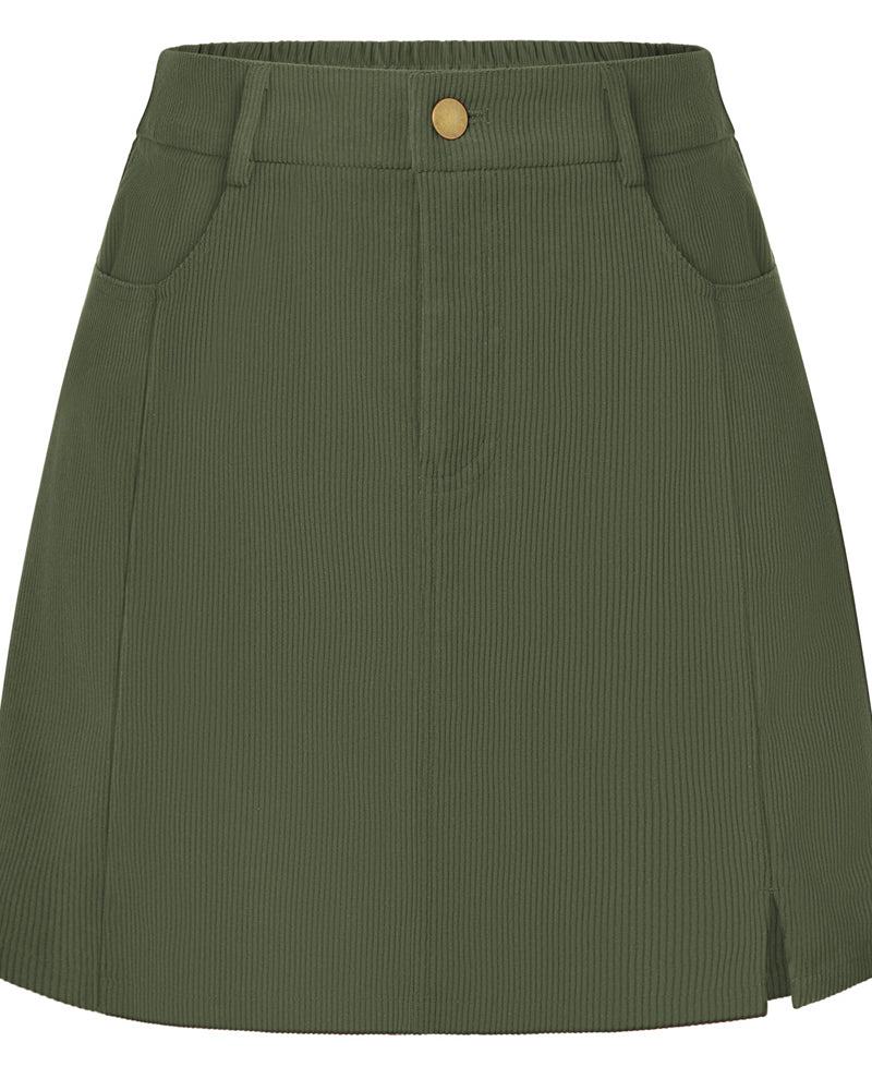 belle poque Women Vintage Corduroy Mini Skirt Elastic Waist Front Slit A-Line Skirt Green