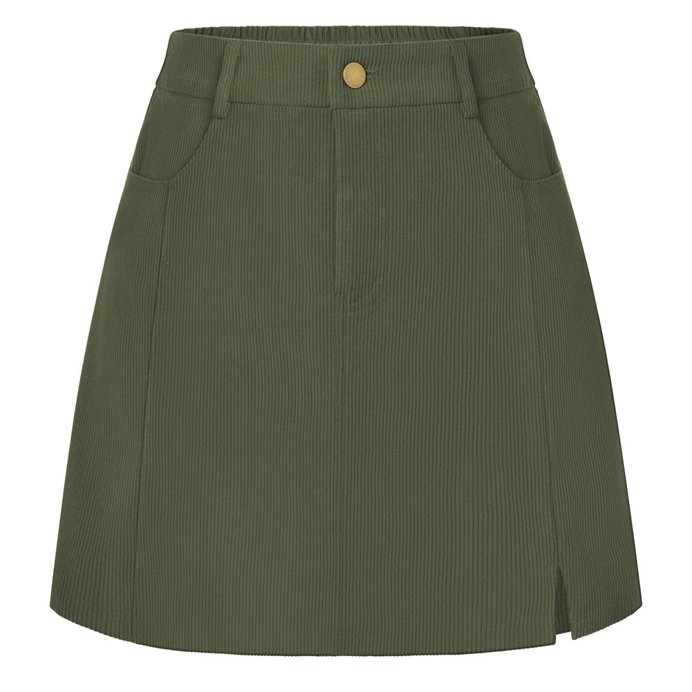 belle poque Women Vintage Corduroy Mini Skirt Elastic Waist Front Slit A-Line Skirt Green