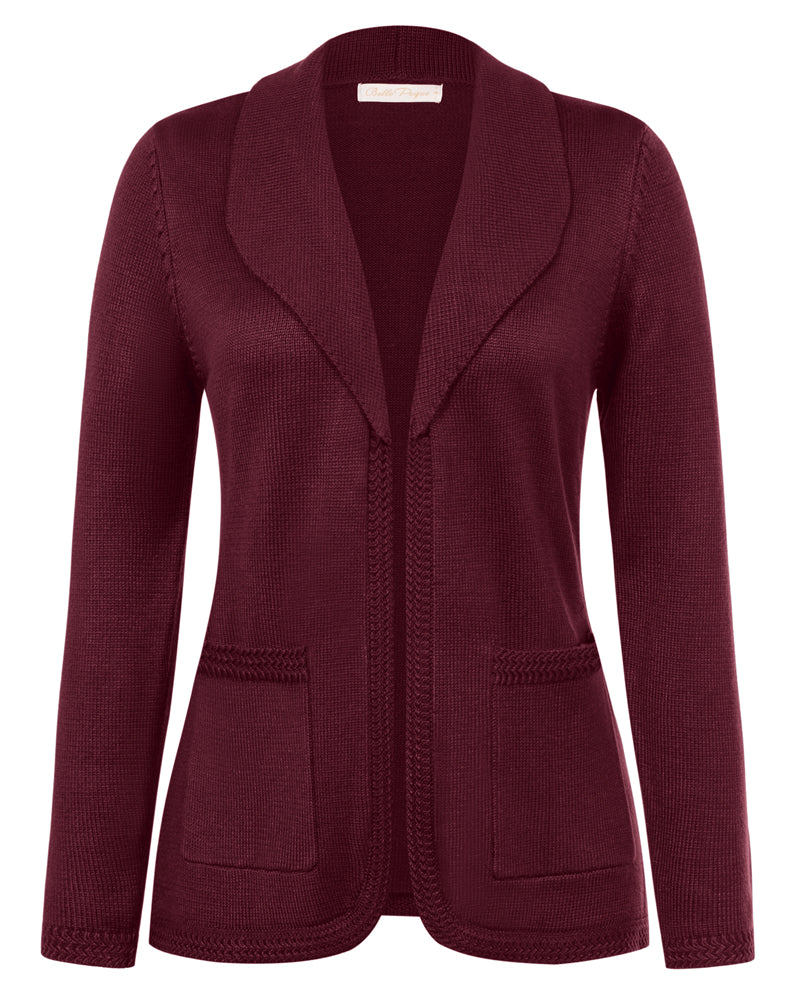 belle poque Vintage Cardigan Sweater Blazer V Neck Shawl Lapel Collar with Pockets Wine