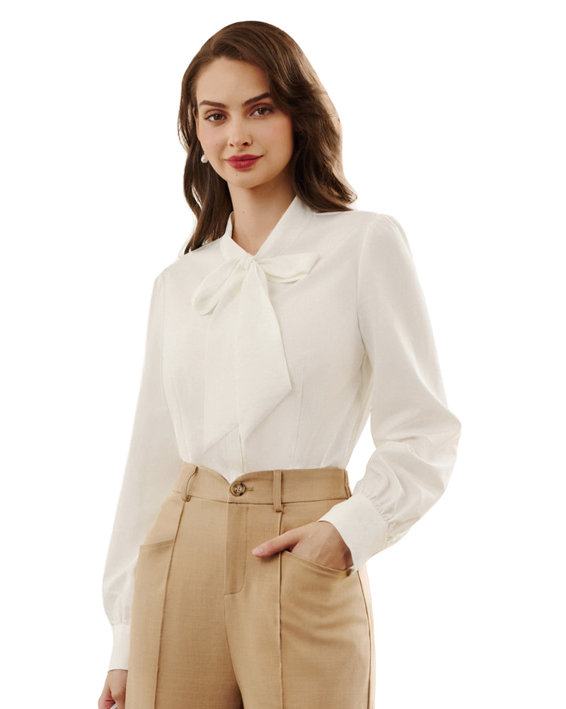 belle poque Women's Bow Tie Neck Blouse Button Down Shirt for Work Office Casual
