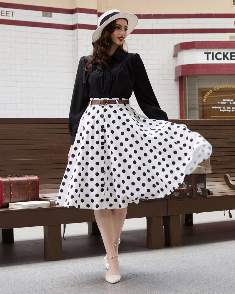 belle poque Swing Skirt with Belt Elastic High Waist Buttons Decorated Skirt